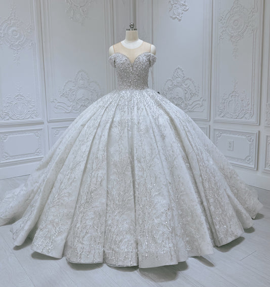 Custom-made luxury pearl with beading lace princess ballgown royal wedding dress