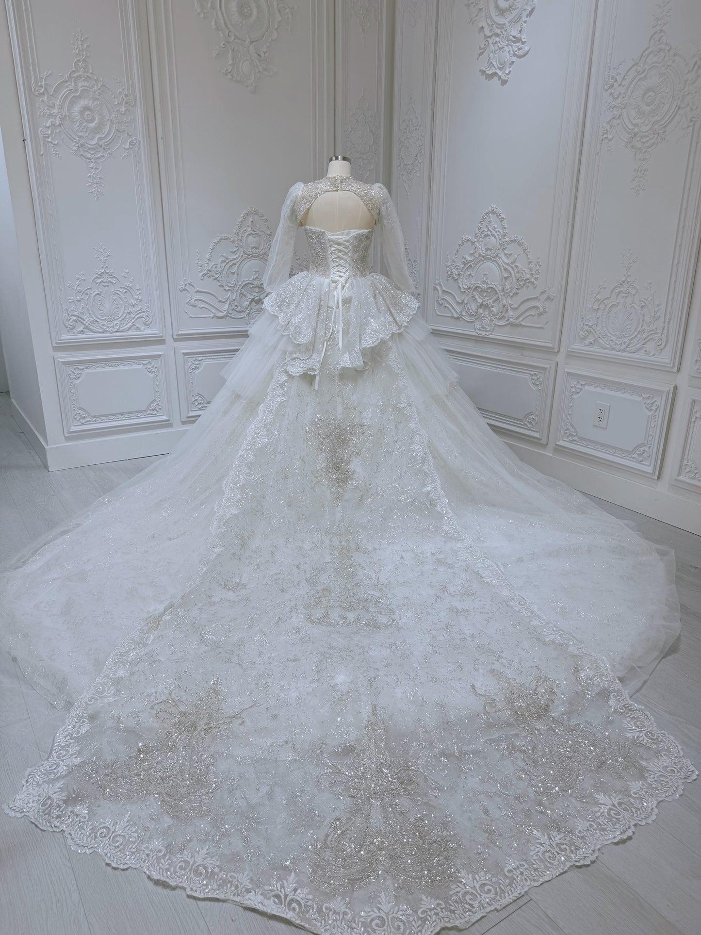 Stock clearance! Size 10 of luxury beading strapless sparkling princess ballgown royal wedding dress with detachable long sleeve and neck piece!