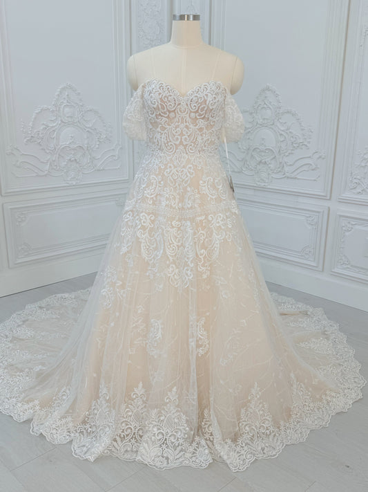 Stock Clearance! Size 14 of lace embroidered off the shoulder cream color Aline wedding dress