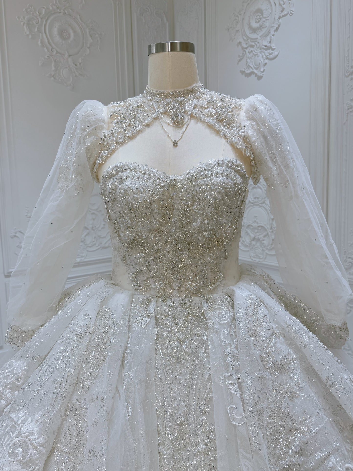 Stock clearance! Size 10 of luxury beading strapless sparkling princess ballgown royal wedding dress with detachable long sleeve and neck piece!