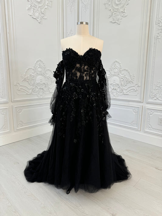 TBC-A003 Custom-made black off the shoulder lace embroidered Aline wedding dress